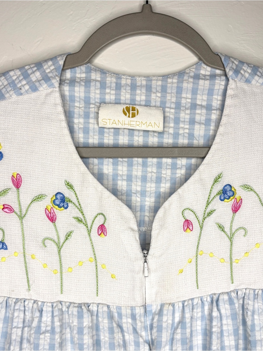 Housecoat Dress Blue Gingham Embroidered Yoke muumuu nightgown lounge vintage L - Picture 3 of 8